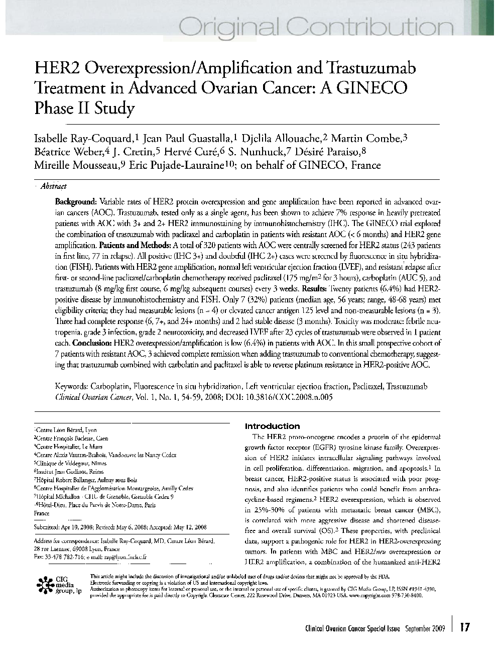 عکس صفحه اول مقاله: HER2 Overexpression/Amplification and Trastuzumab Treatment in Advanced Ovarian Cancer: A GINECO Phase II Study HER2 Overexpression/Amplification and Trastuzumab Treatment in Advanced Ovarian Cancer: A GINECO Phase II Study
