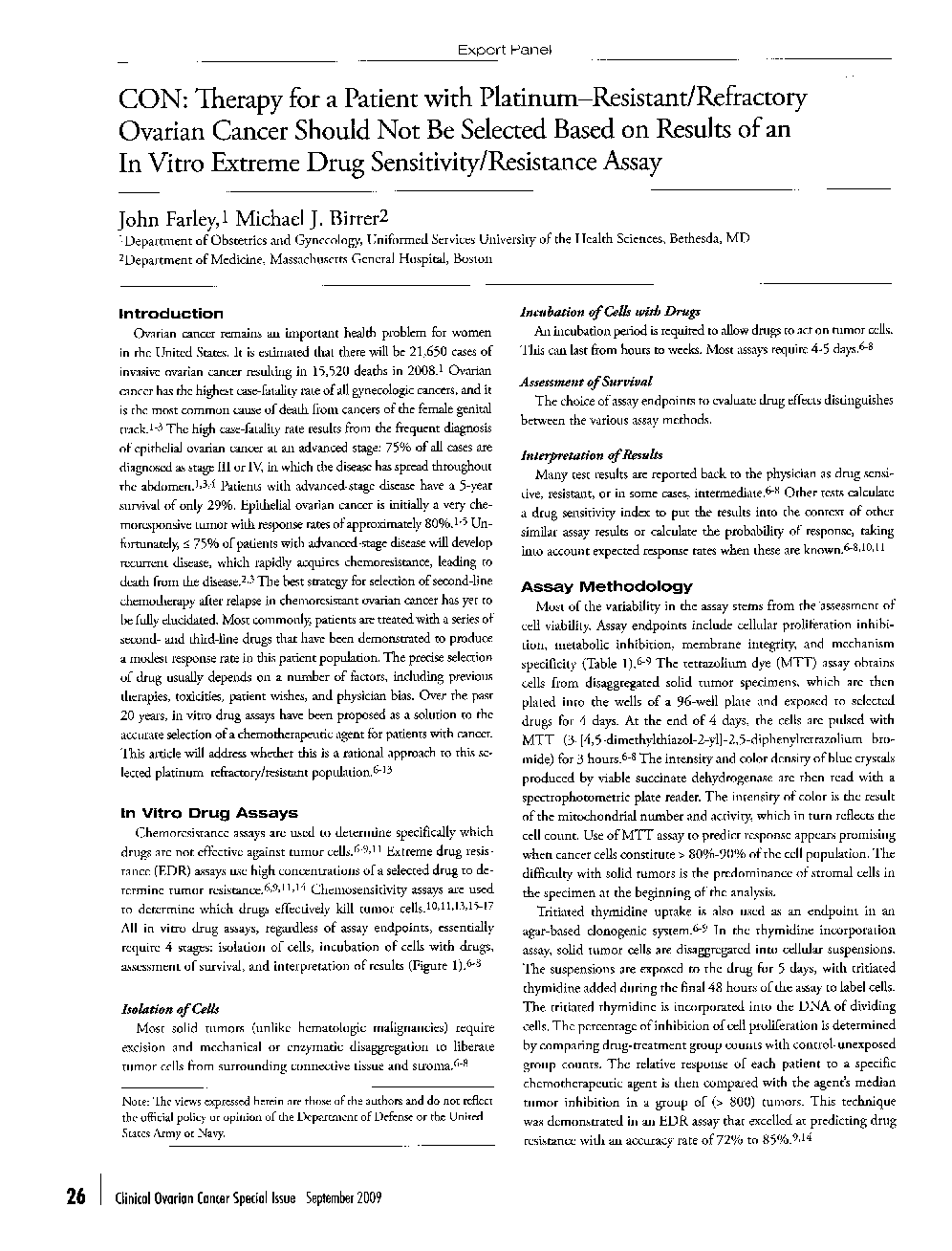 عکس صفحه اول مقاله: CON: Therapy for a Patient with Platinum-Resistant/Refractory Ovarian Cancer Should Not Be Selected Based on Results of an In Vitro Extreme Drug Sensitivity/Resistance Assay CON: Therapy for a Patient with Platinum-Resistant/Refractory Ovarian Cancer Should Not Be Selected Based on Results of an In Vitro Extreme Drug Sensitivity/Resistance Assay