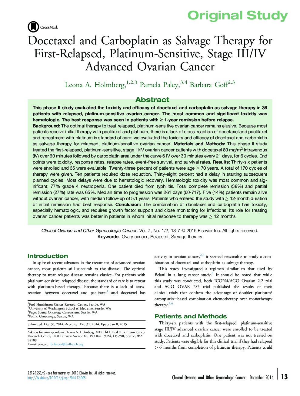 Docetaxel and Carboplatin as Salvage Therapy for First-Relapsed, Platinum-Sensitive, Stage III/IV Advanced Ovarian Cancer