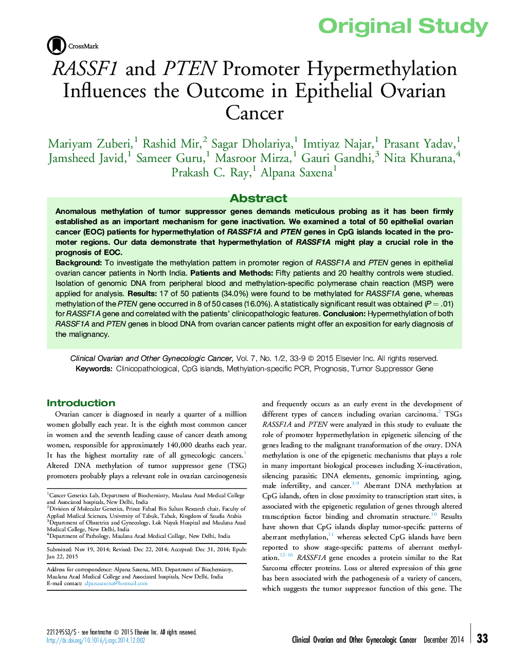 RASSF1 and PTEN Promoter Hypermethylation Influences the Outcome in Epithelial Ovarian Cancer