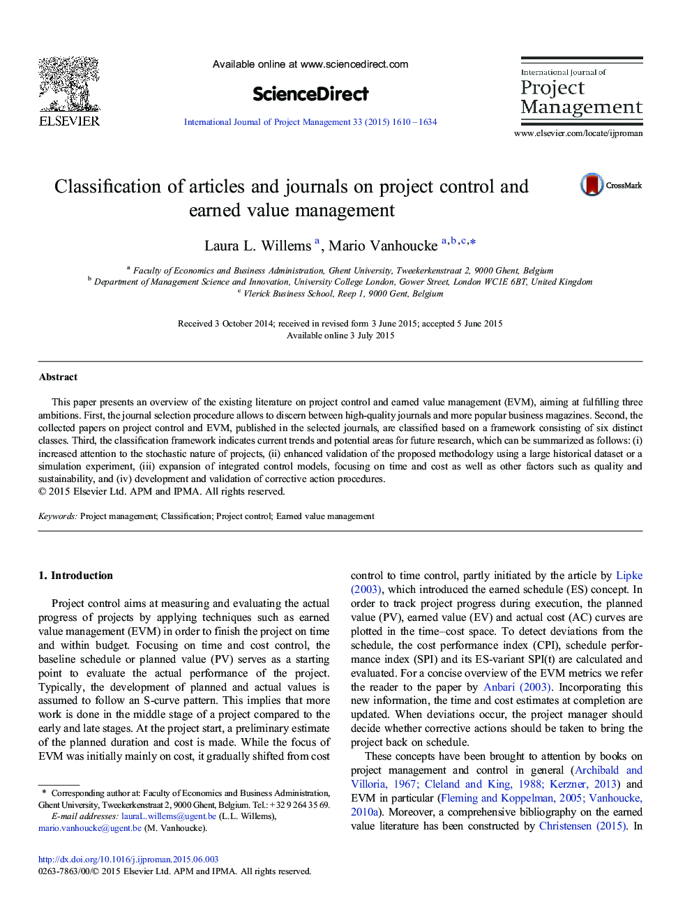 Classification of articles and journals on project control and earned value management