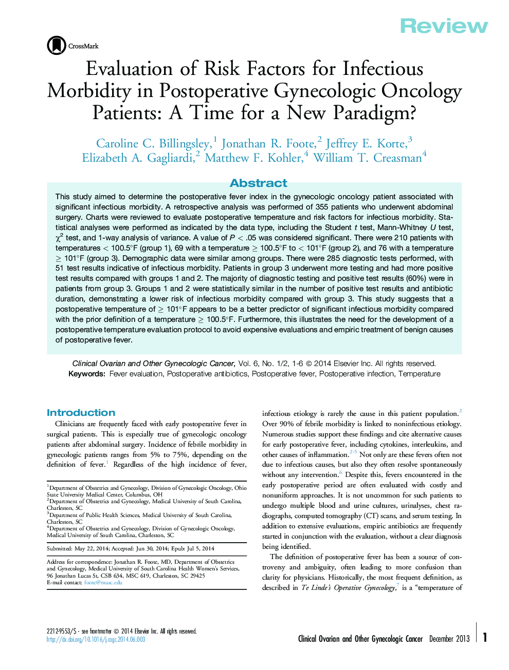 Evaluation of Risk Factors for Infectious Morbidity in Postoperative Gynecologic Oncology Patients: A Time for a New Paradigm?