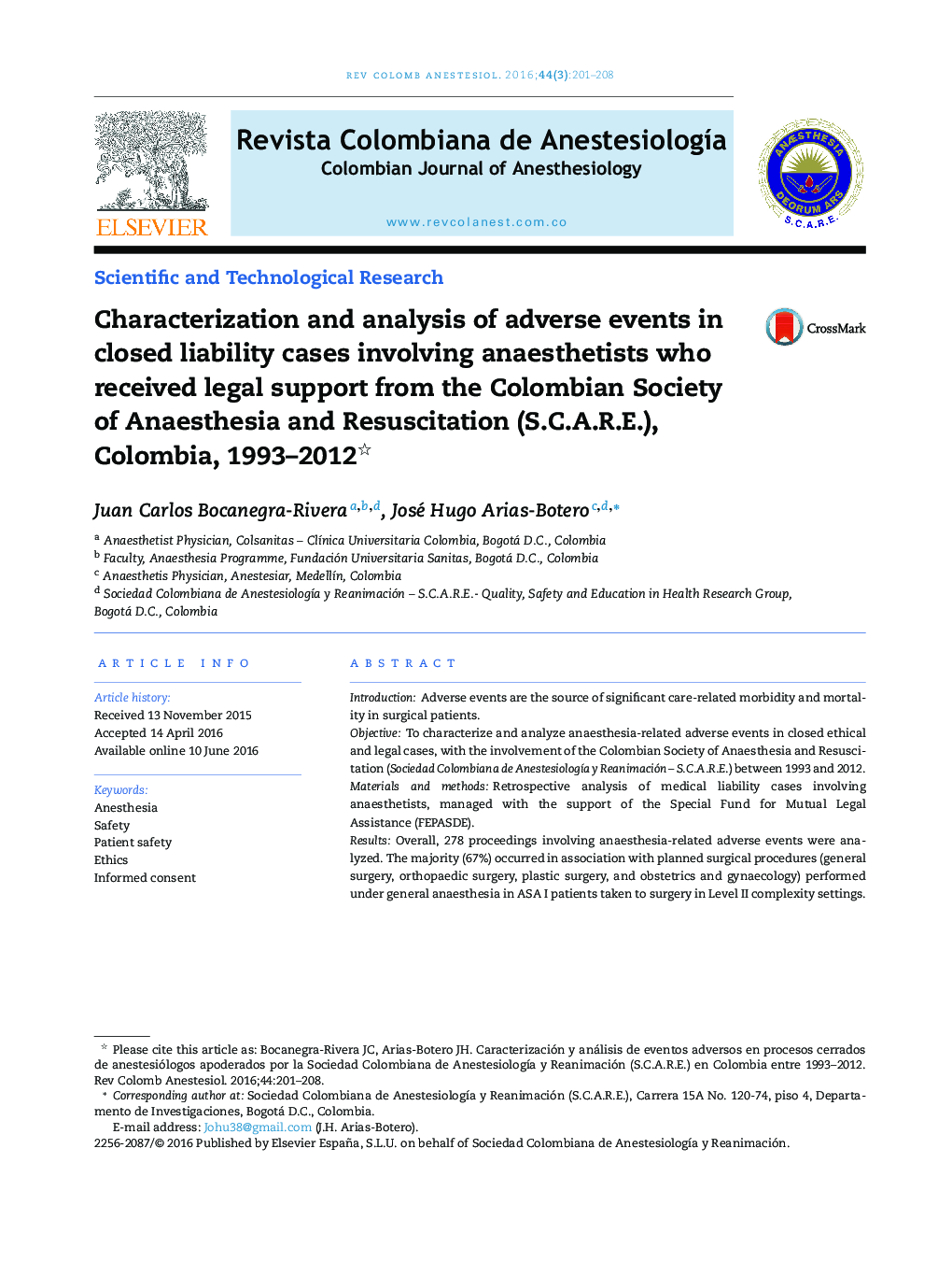 Characterization and analysis of adverse events in closed liability cases involving anaesthetists who received legal support from the Colombian Society of Anaesthesia and Resuscitation (S.C.A.R.E.), Colombia, 1993–2012 