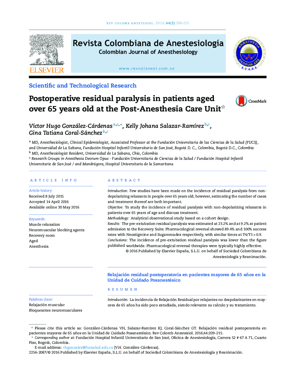 Postoperative residual paralysis in patients aged over 65 years old at the Post-Anesthesia Care Unit 