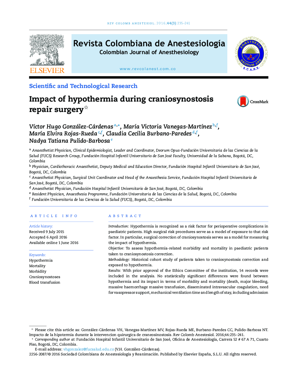 Impact of hypothermia during craniosynostosis repair surgery 