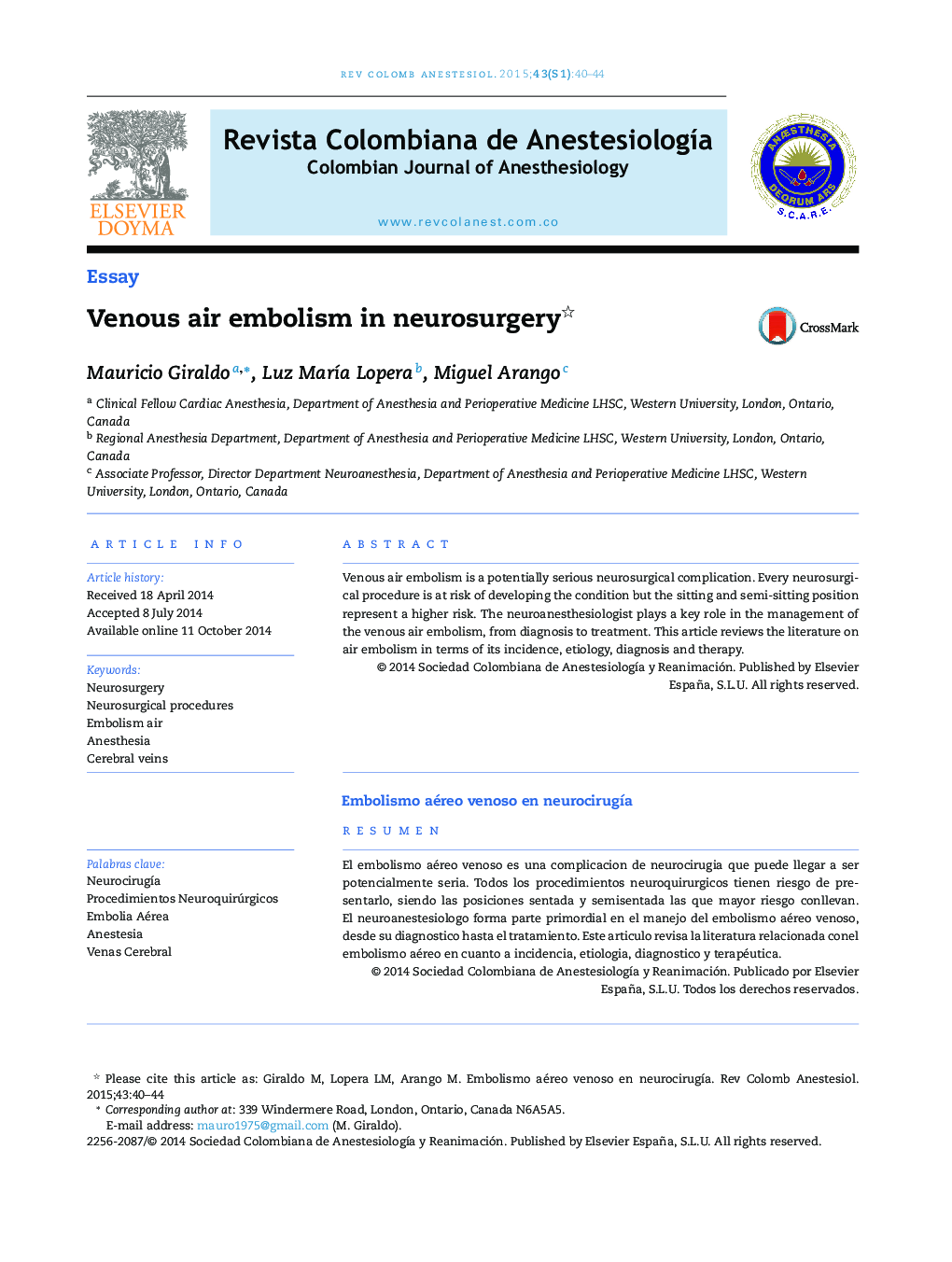 Venous air embolism in neurosurgery 