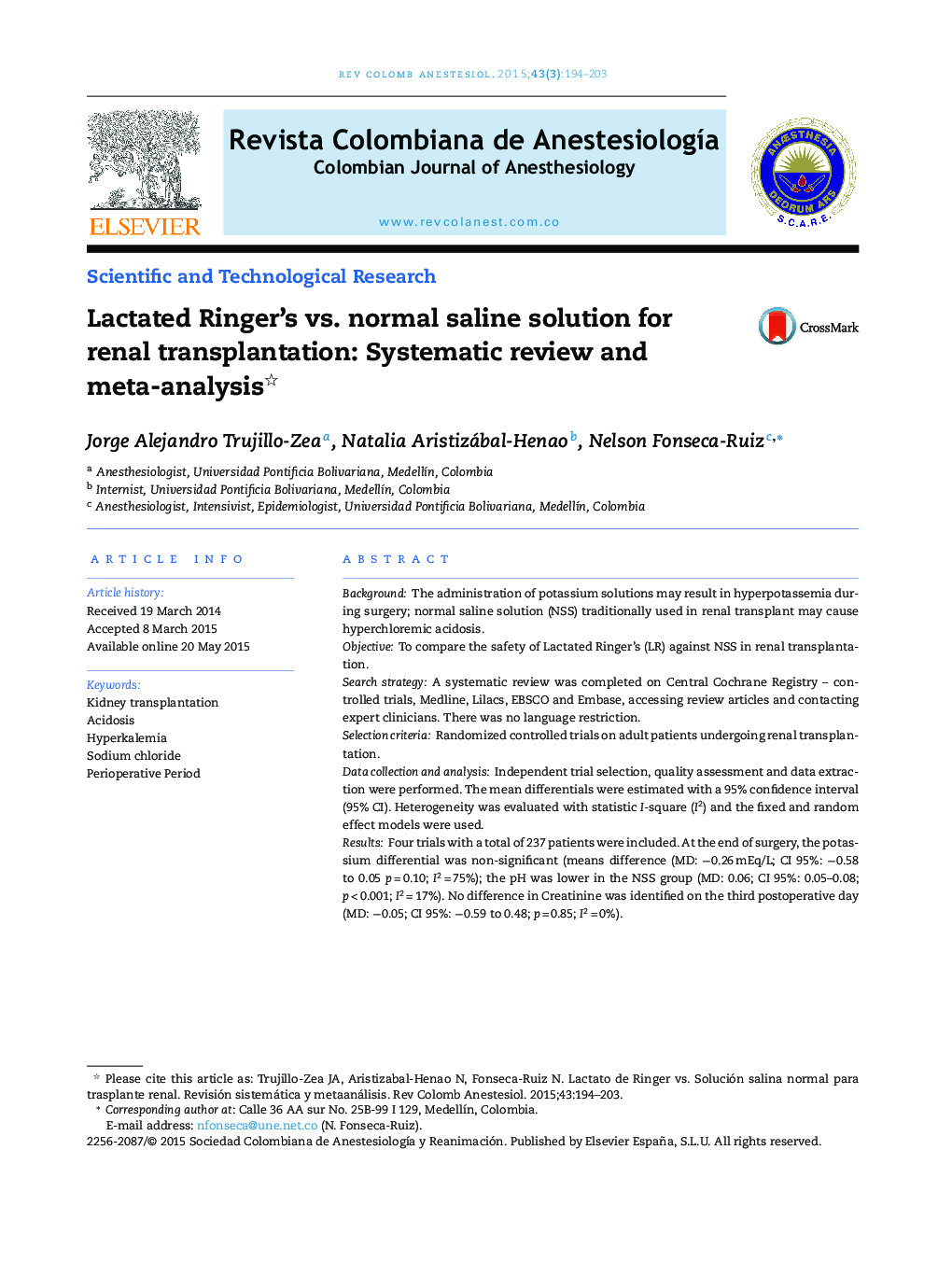 Lactated Ringer's vs. normal saline solution for renal transplantation: Systematic review and meta-analysis 