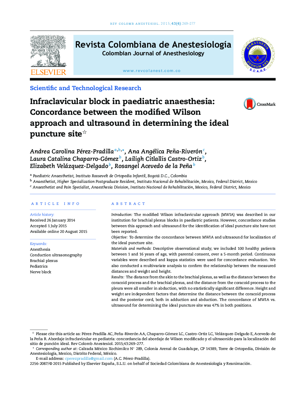 Infraclavicular block in paediatric anaesthesia: Concordance between the modified Wilson approach and ultrasound in determining the ideal puncture site 