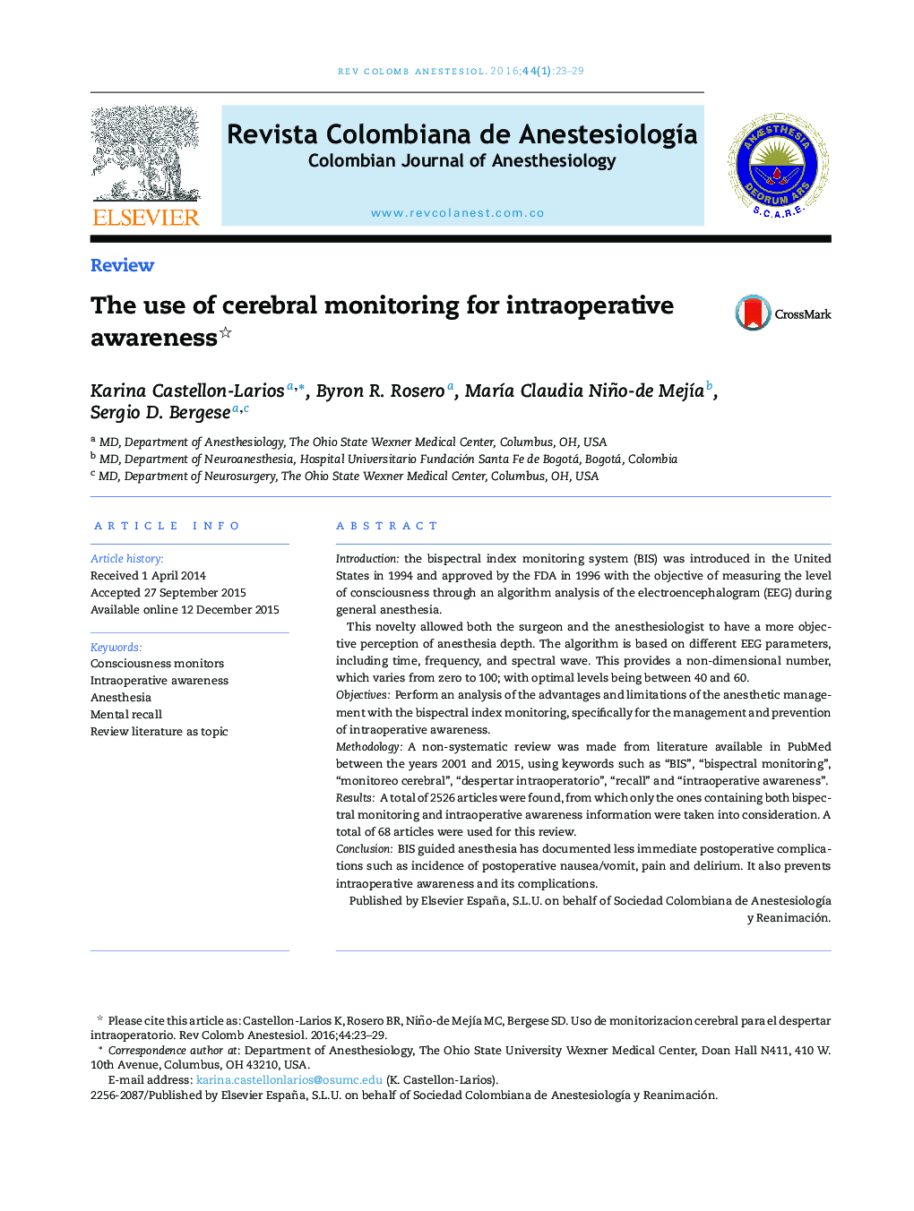 The use of cerebral monitoring for intraoperative awareness 