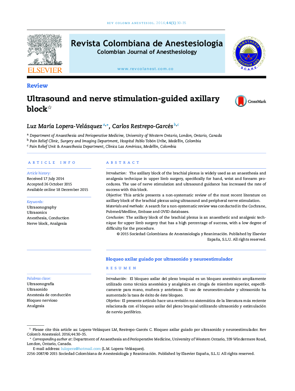 Ultrasound and nerve stimulation-guided axillary block 