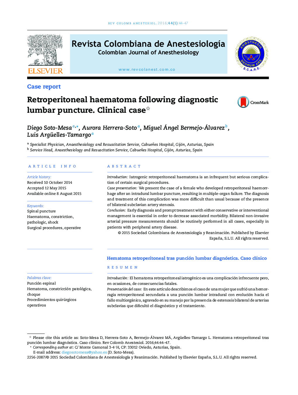 Retroperitoneal haematoma following diagnostic lumbar puncture. Clinical case