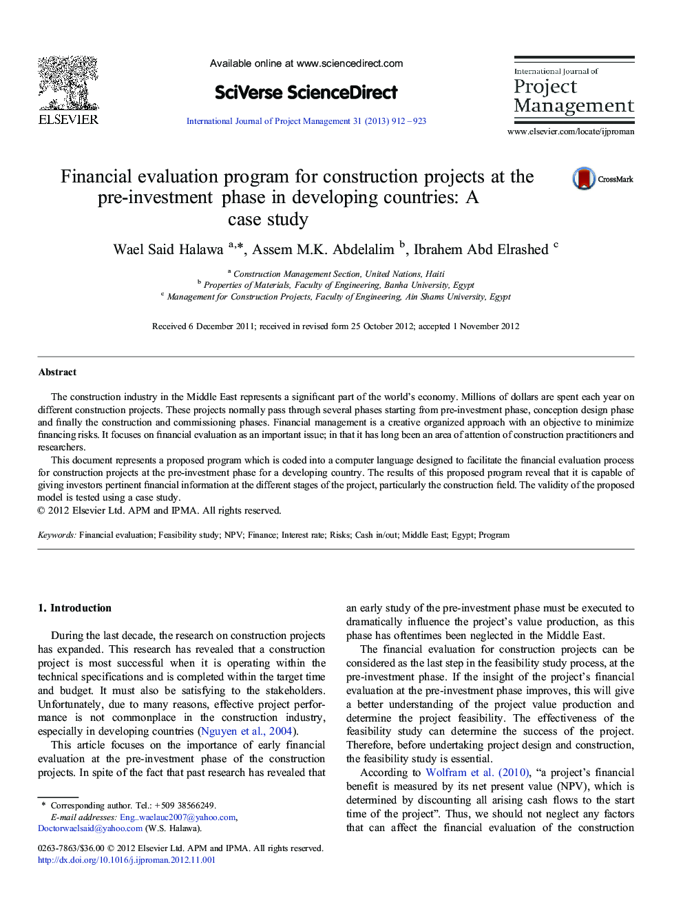 Financial evaluation program for construction projects at the pre-investment phase in developing countries: A case study