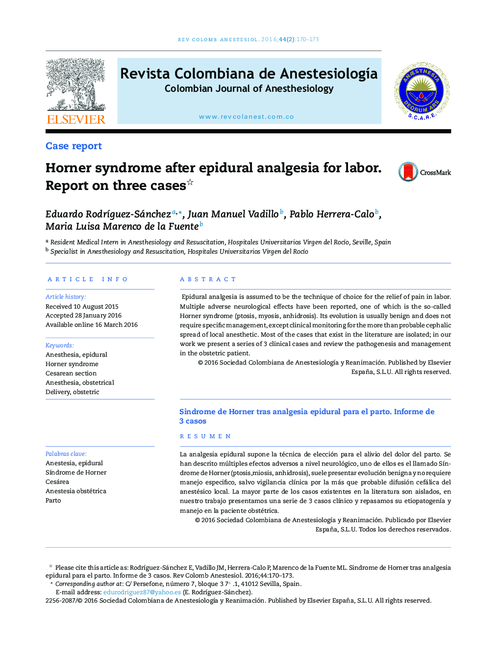 Horner syndrome after epidural analgesia for labor. Report on three cases 