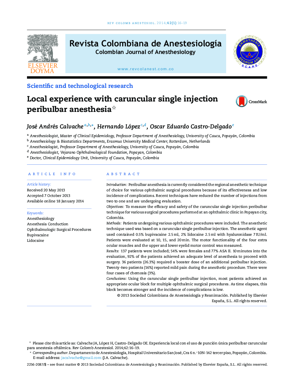 Local experience with caruncular single injection peribulbar anesthesia 