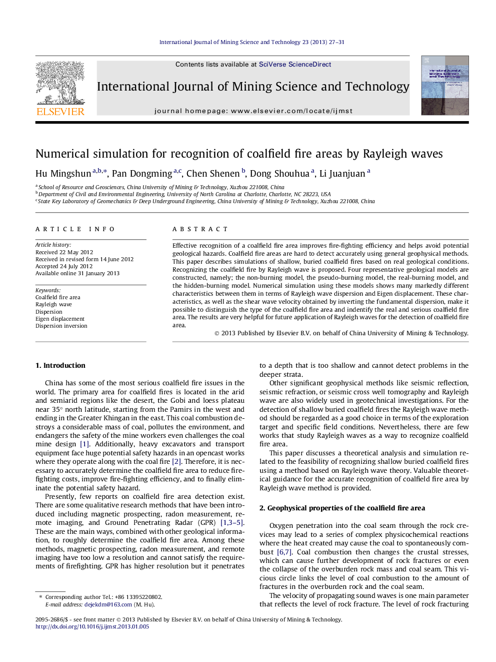 Numerical simulation for recognition of coalfield fire areas by Rayleigh waves