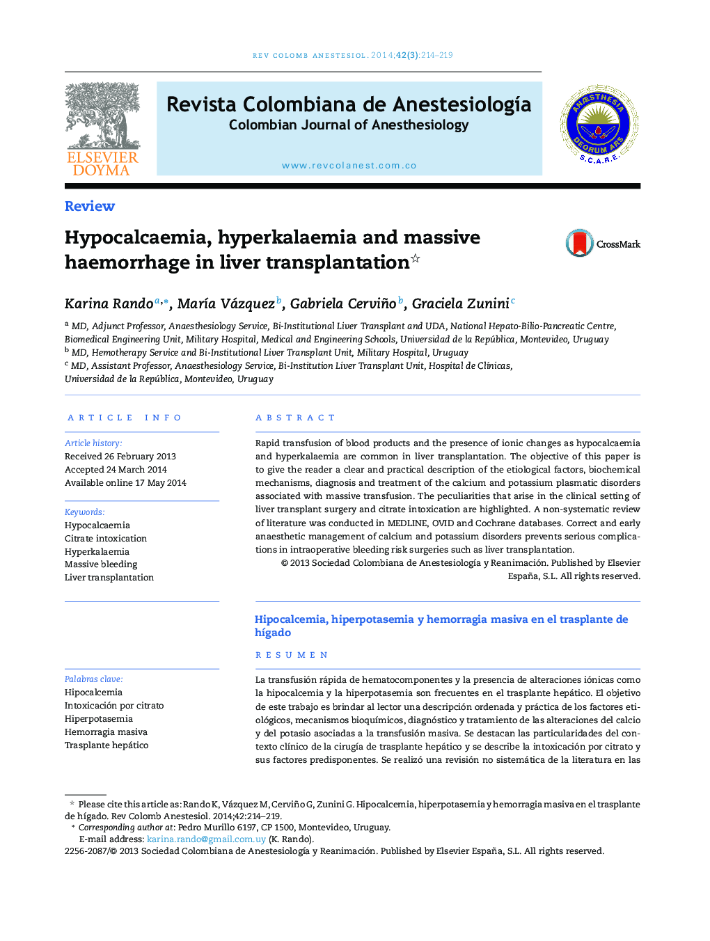 Hypocalcaemia, hyperkalaemia and massive haemorrhage in liver transplantation