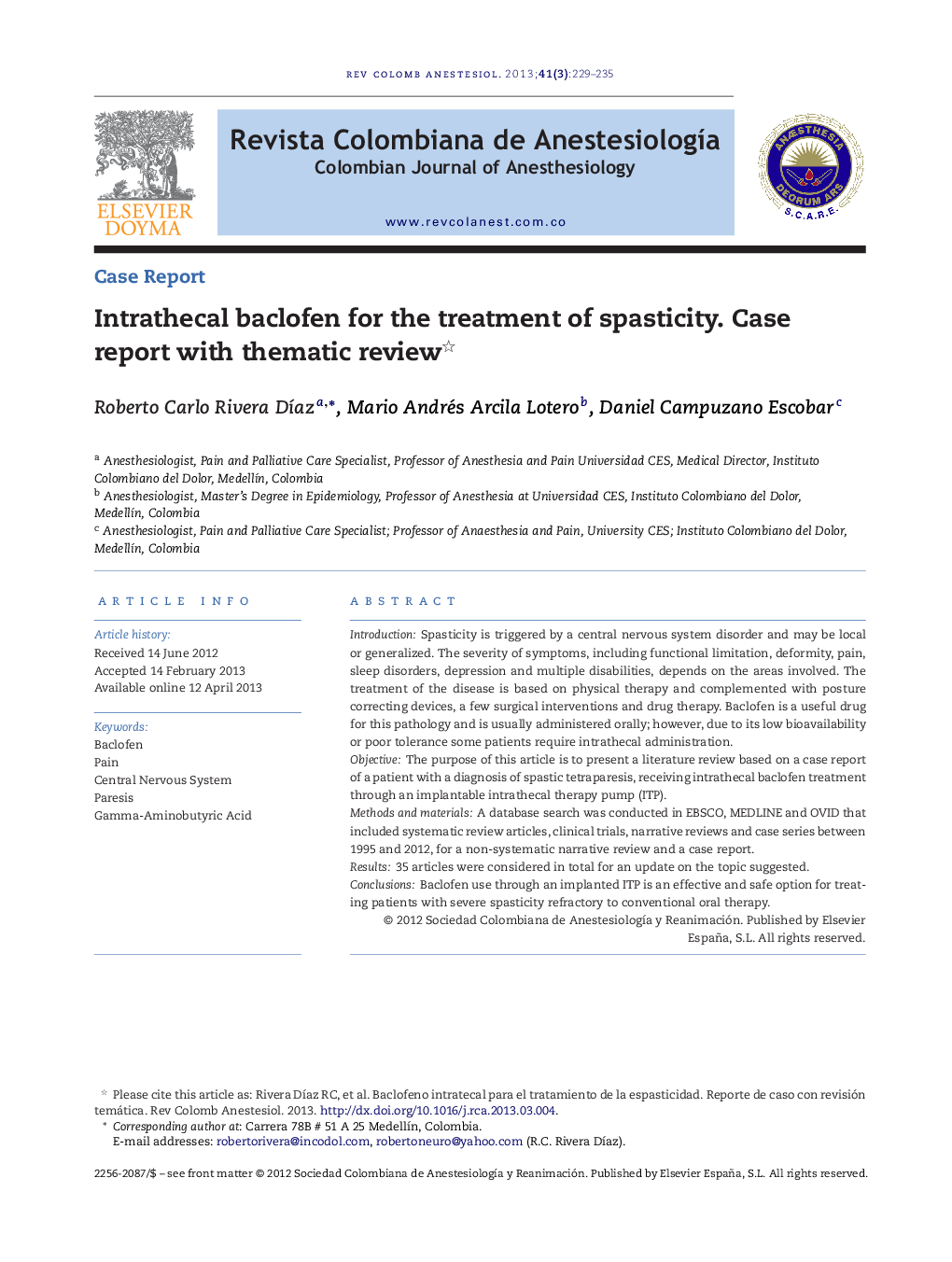 Intrathecal baclofen for the treatment of spasticity. Case report with thematic review 