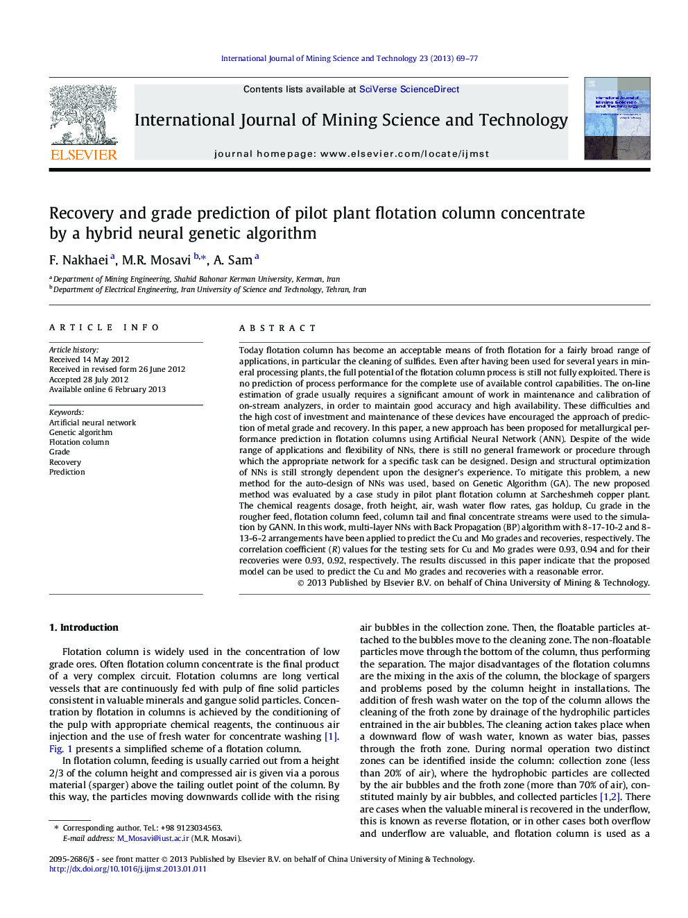 Recovery and grade prediction of pilot plant flotation column concentrate by a hybrid neural genetic algorithm