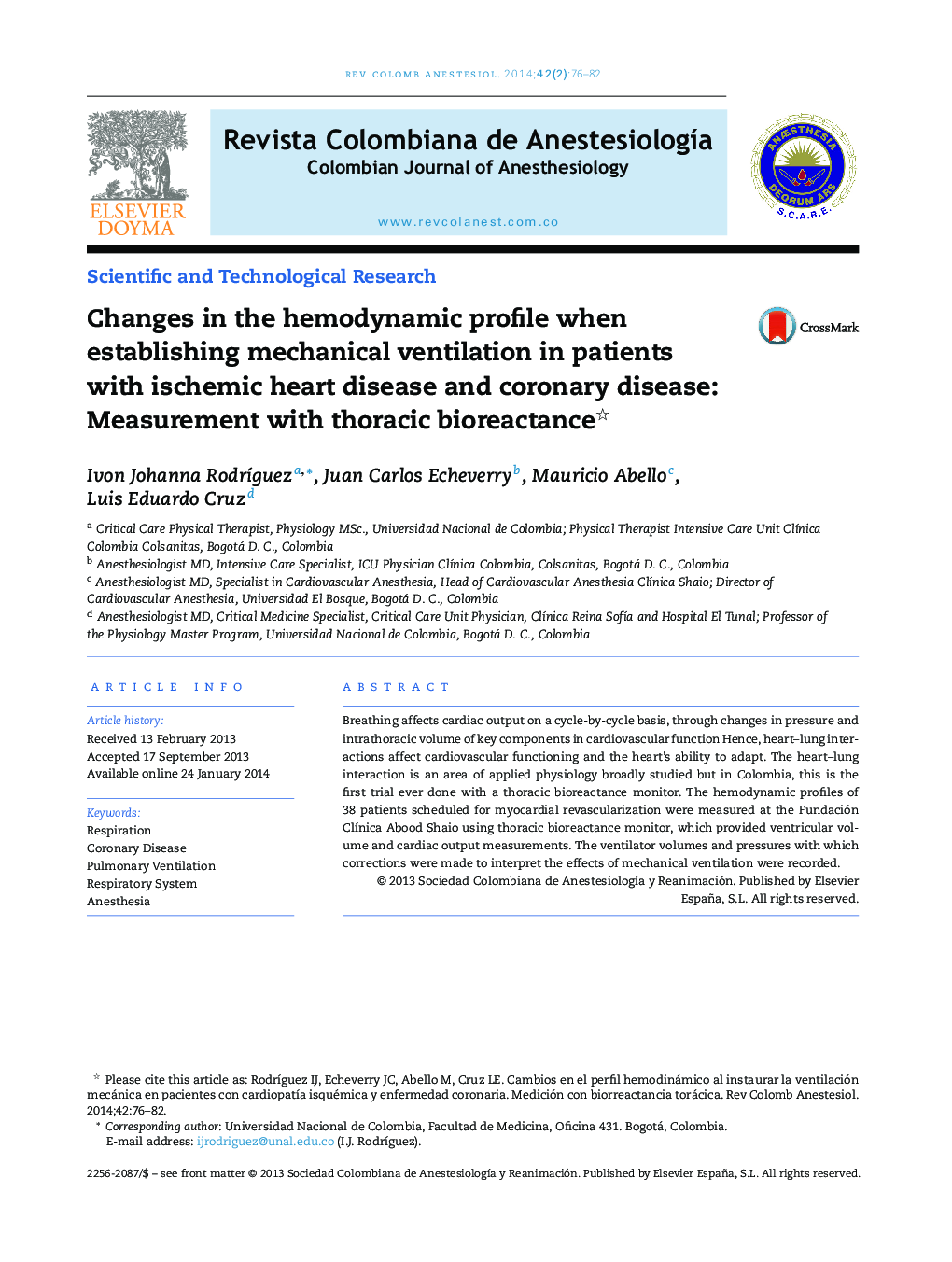 Changes in the hemodynamic profile when establishing mechanical ventilation in patients with ischemic heart disease and coronary disease: Measurement with thoracic bioreactance