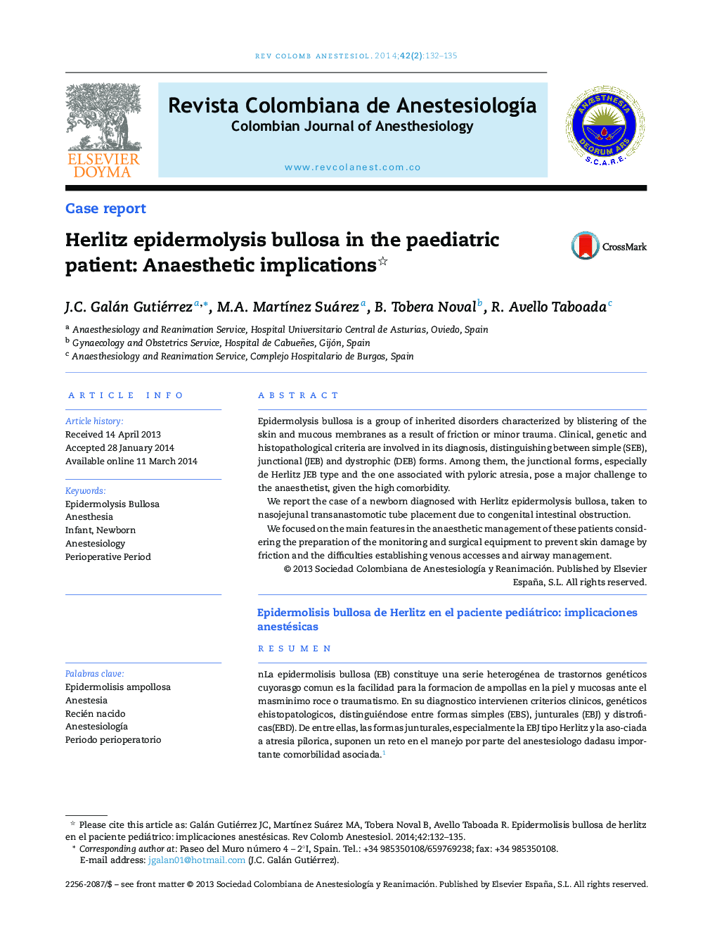 Herlitz epidermolysis bullosa in the paediatric patient: Anaesthetic implications 