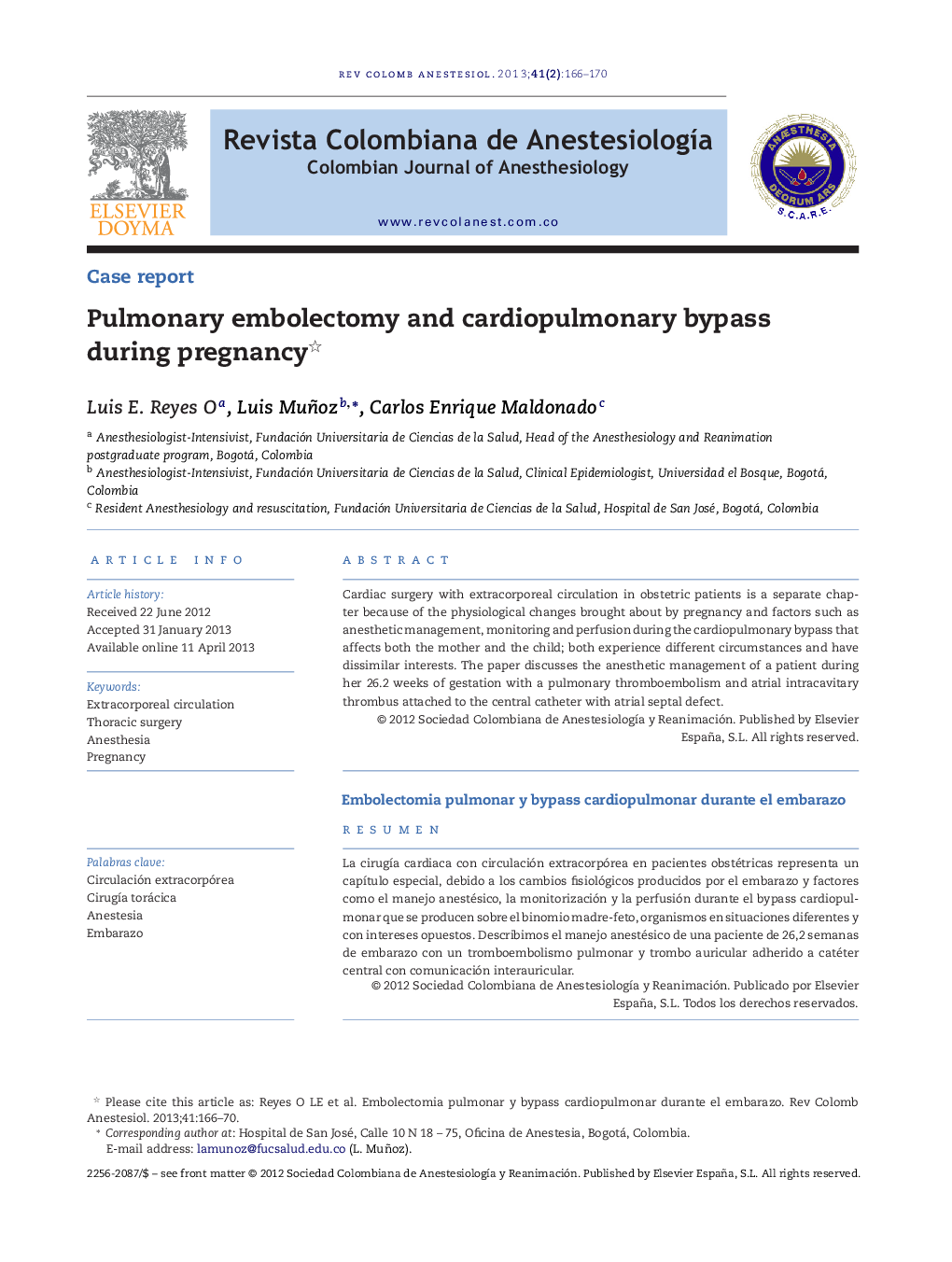 Pulmonary embolectomy and cardiopulmonary bypass during pregnancy 