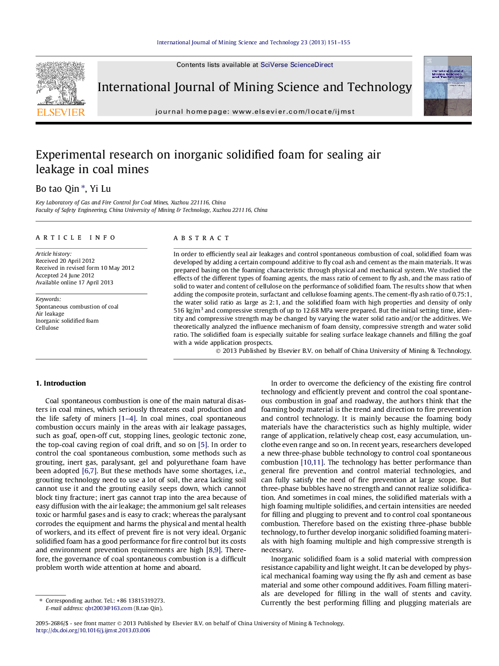 Experimental research on inorganic solidified foam for sealing air leakage in coal mines