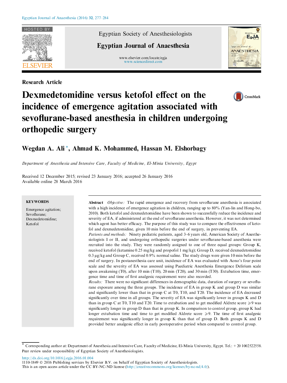 Dexmedetomidine versus ketofol effect on the incidence of emergence agitation associated with sevoflurane-based anesthesia in children undergoing orthopedic surgery 