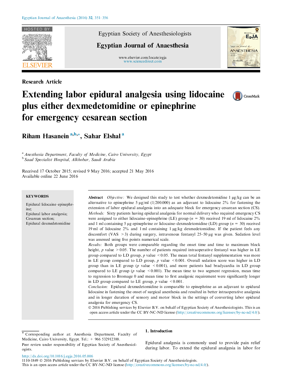 Extending labor epidural analgesia using lidocaine plus either dexmedetomidine or epinephrine for emergency cesarean section 