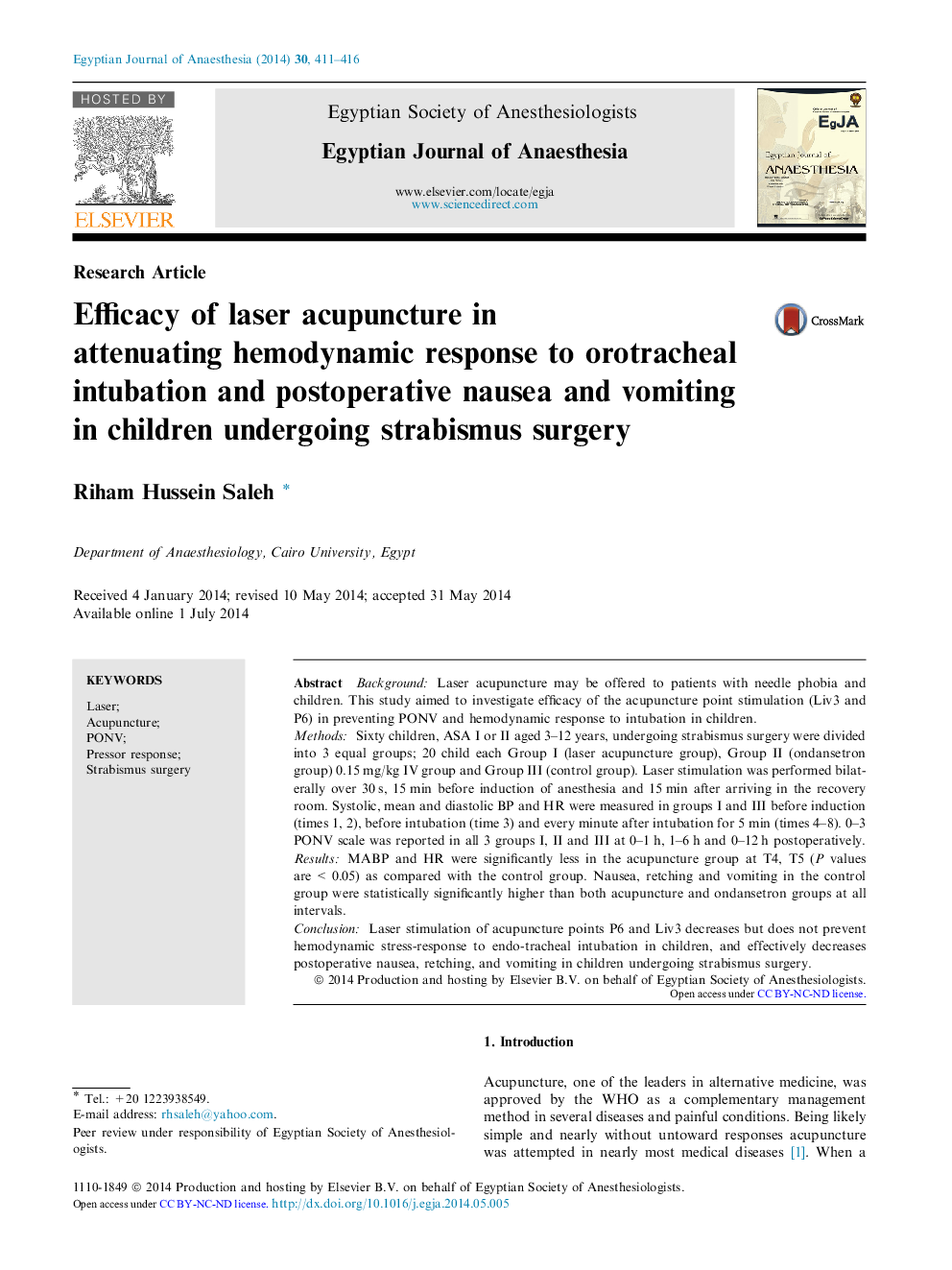 Efficacy of laser acupuncture in attenuating hemodynamic response to orotracheal intubation and postoperative nausea and vomiting in children undergoing strabismus surgery 