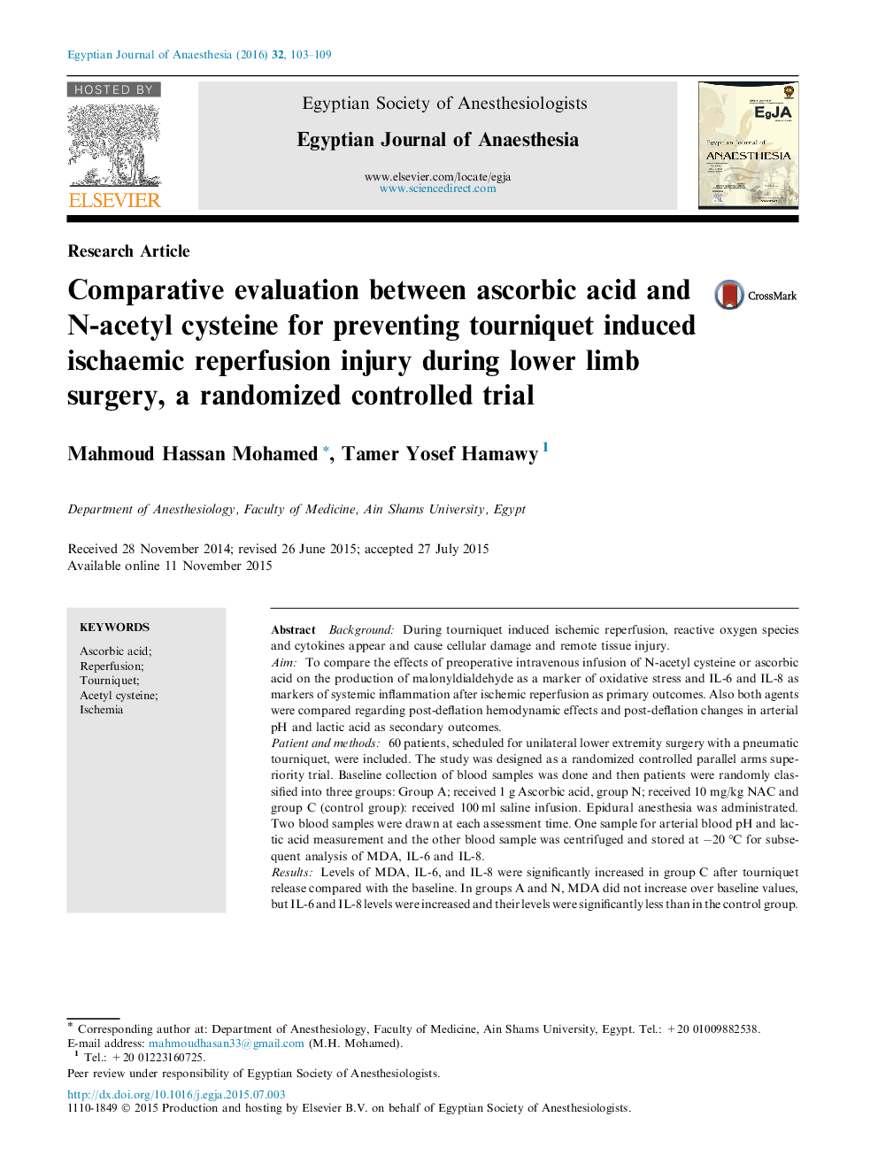 Comparative evaluation between ascorbic acid and N-acetyl cysteine for preventing tourniquet induced ischaemic reperfusion injury during lower limb surgery, a randomized controlled trial 