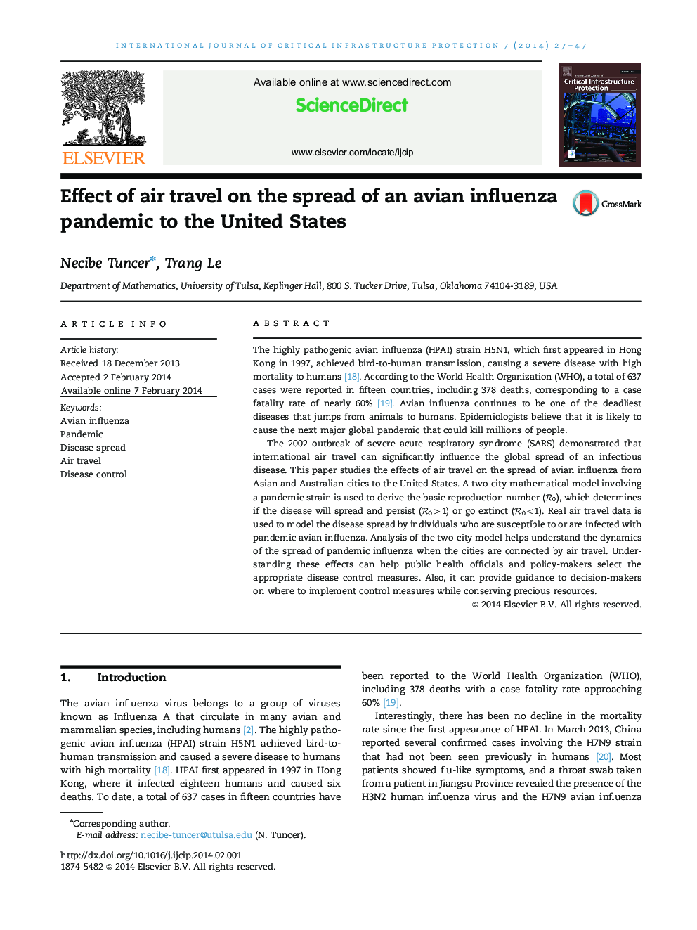 Effect of air travel on the spread of an avian influenza pandemic to the United States