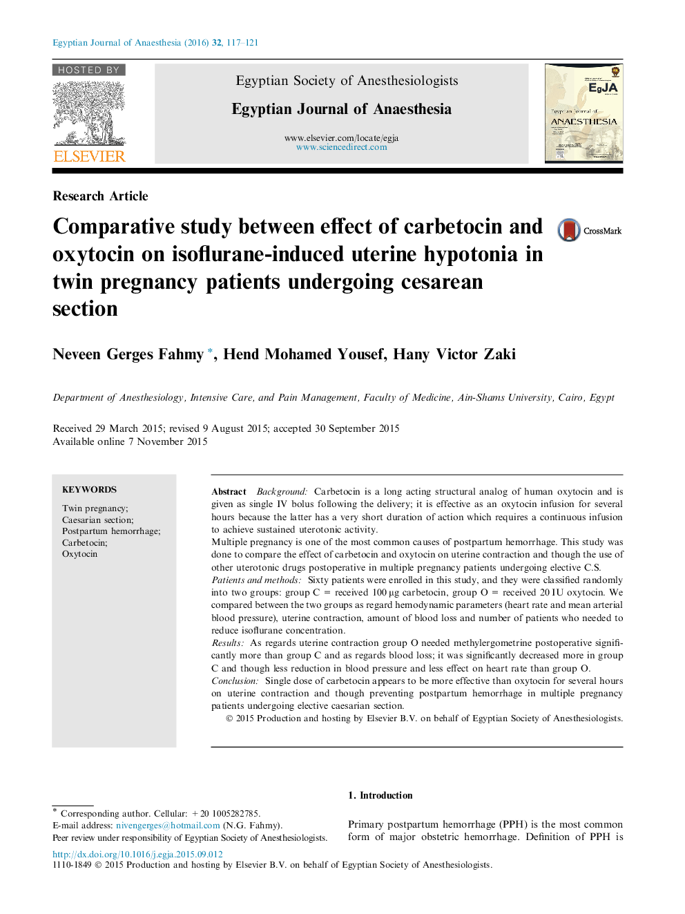 Comparative study between effect of carbetocin and oxytocin on isoflurane-induced uterine hypotonia in twin pregnancy patients undergoing cesarean section 