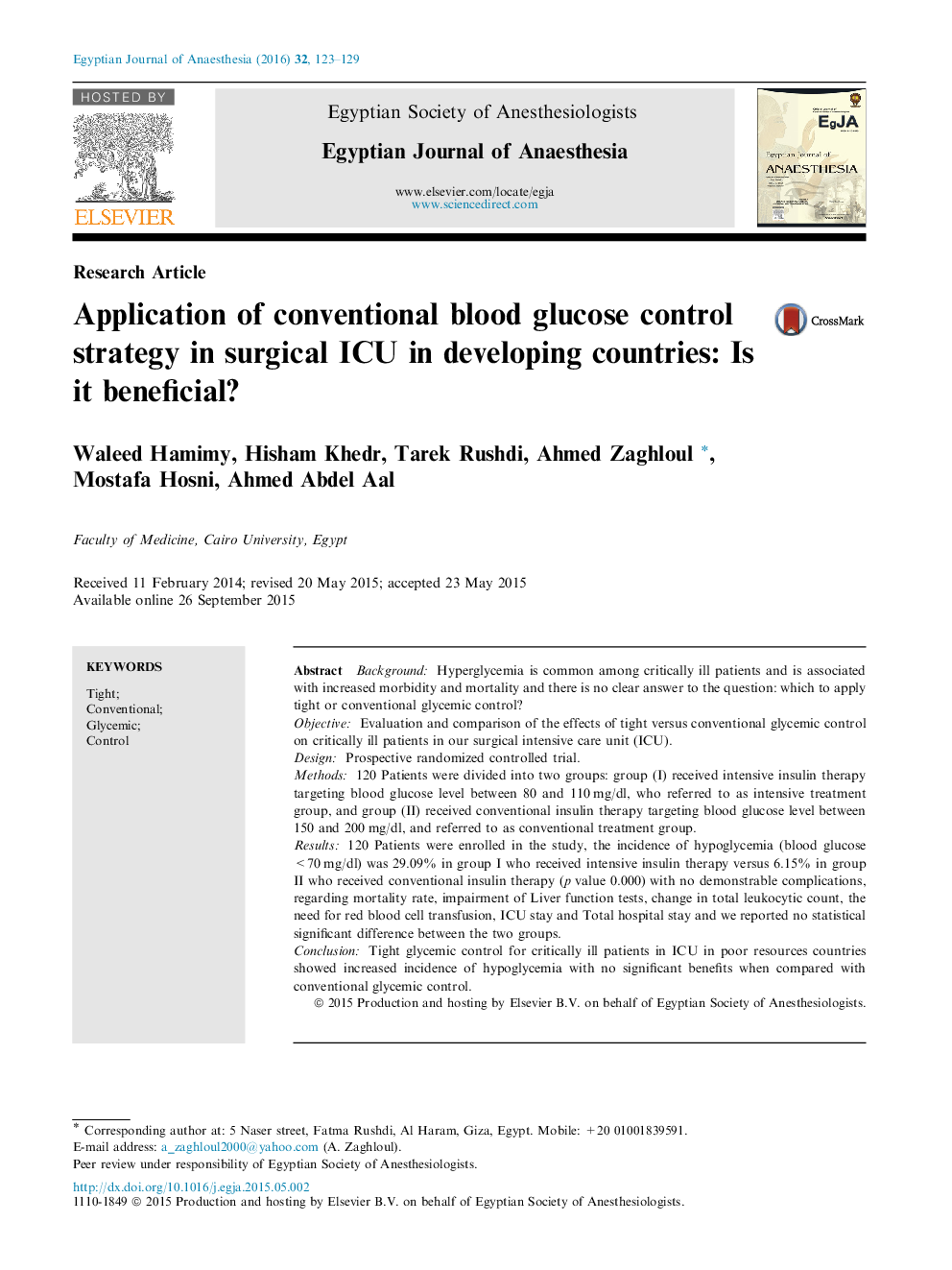 Application of conventional blood glucose control strategy in surgical ICU in developing countries: Is it beneficial? 