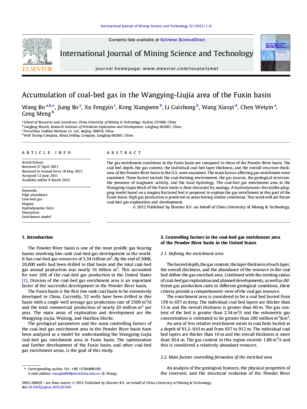 Accumulation of coal-bed gas in the Wangying-Liujia area of the Fuxin basin