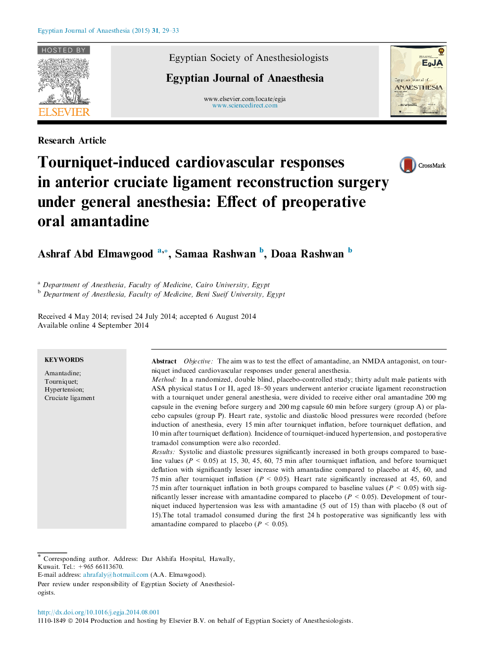 Tourniquet-induced cardiovascular responses in anterior cruciate ligament reconstruction surgery under general anesthesia: Effect of preoperative oral amantadine 