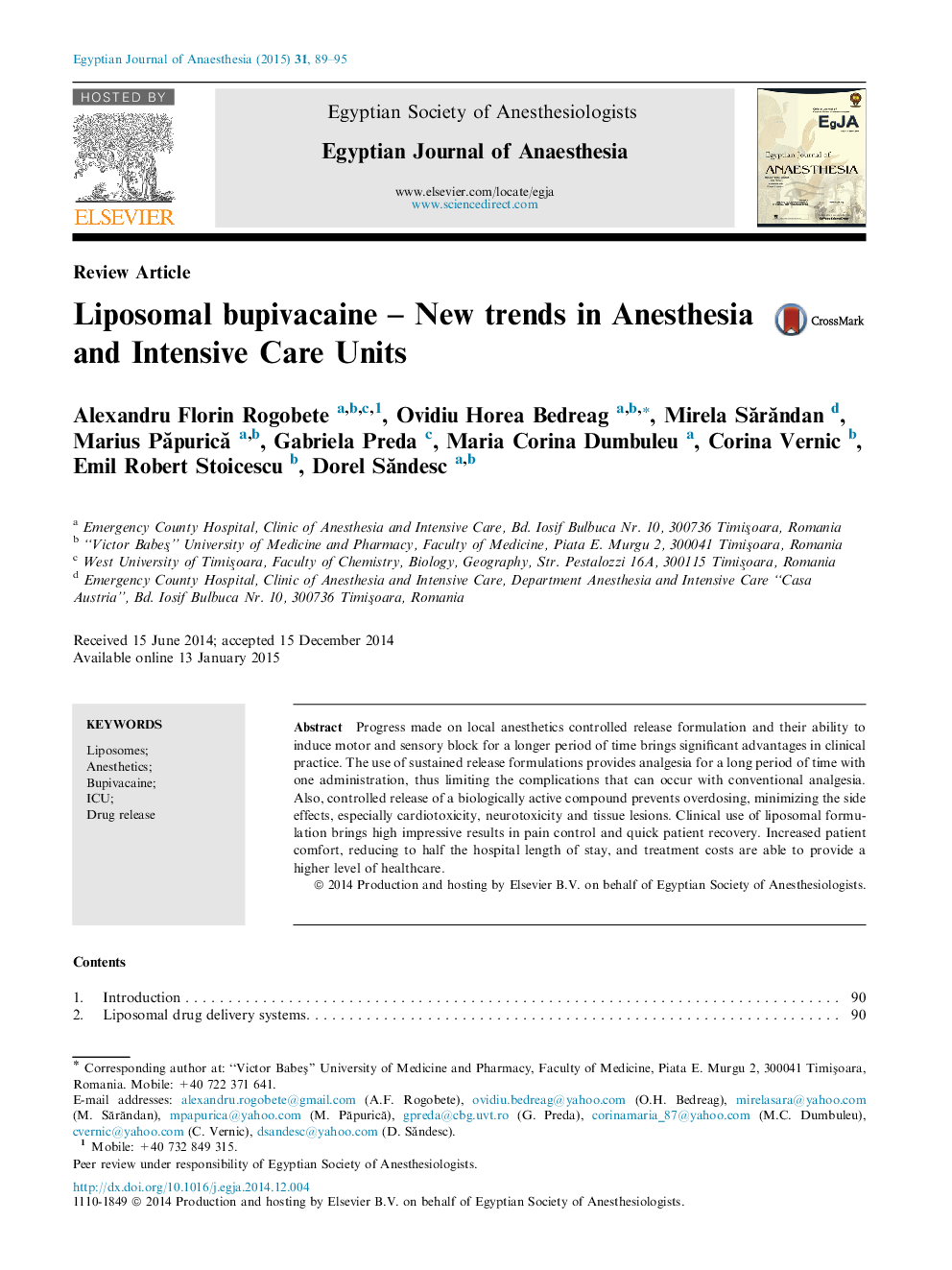 Liposomal bupivacaine – New trends in Anesthesia and Intensive Care Units 