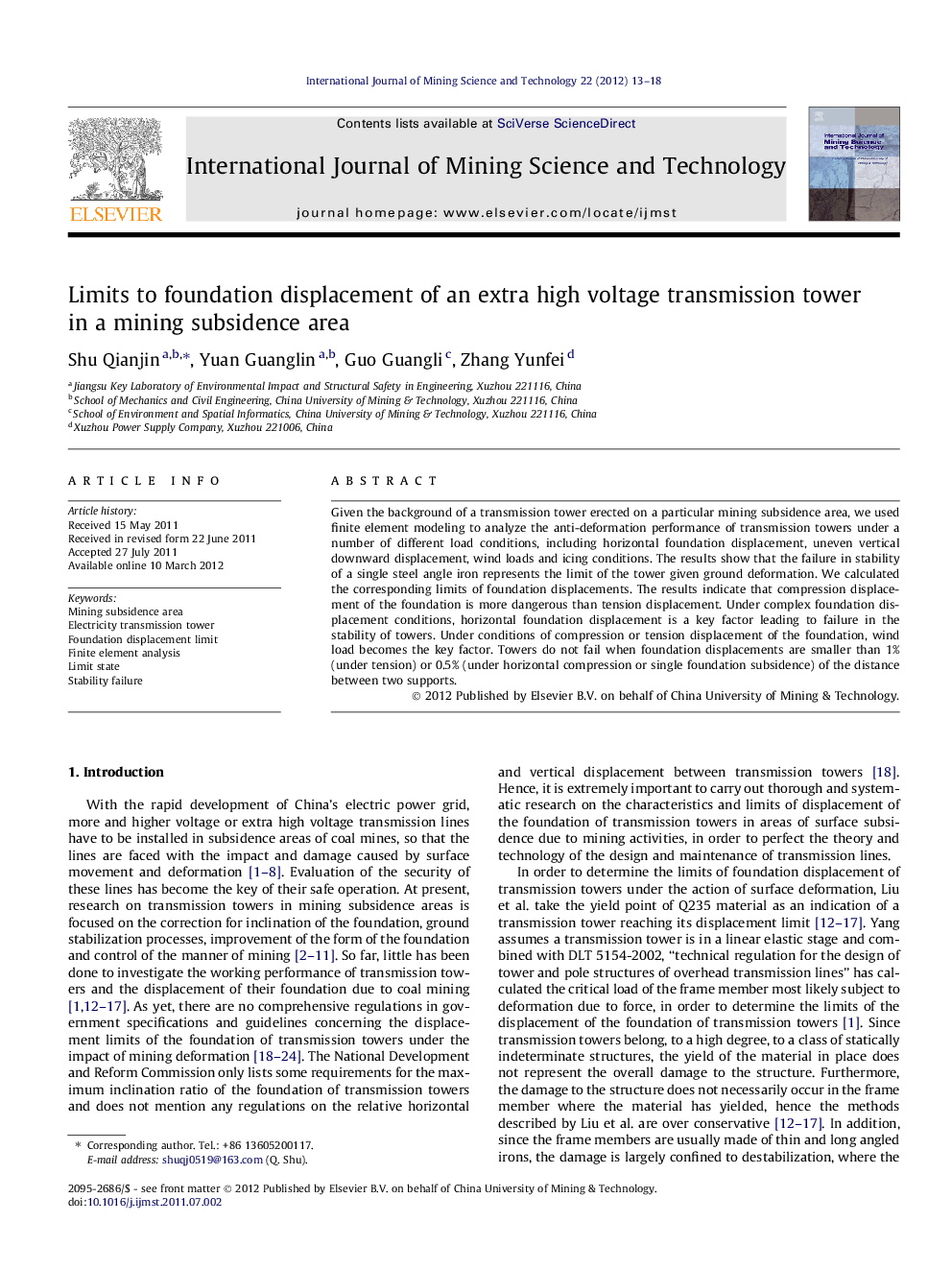 Limits to foundation displacement of an extra high voltage transmission tower in a mining subsidence area