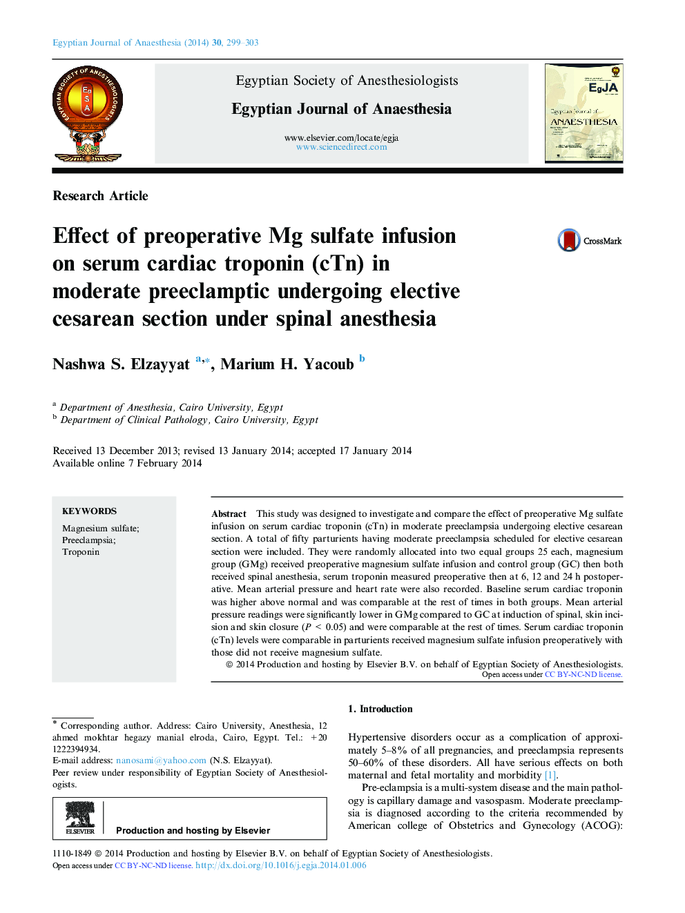 Effect of preoperative Mg sulfate infusion on serum cardiac troponin (cTn) in moderate preeclamptic undergoing elective cesarean section under spinal anesthesia 