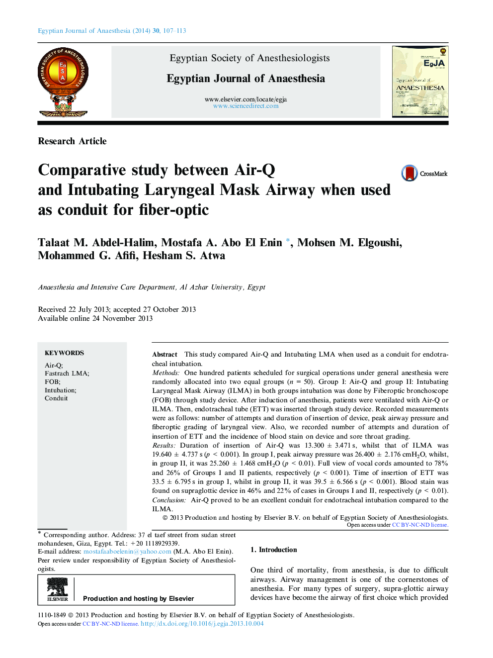 Comparative study between Air-Q and Intubating Laryngeal Mask Airway when used as conduit for fiber-optic 