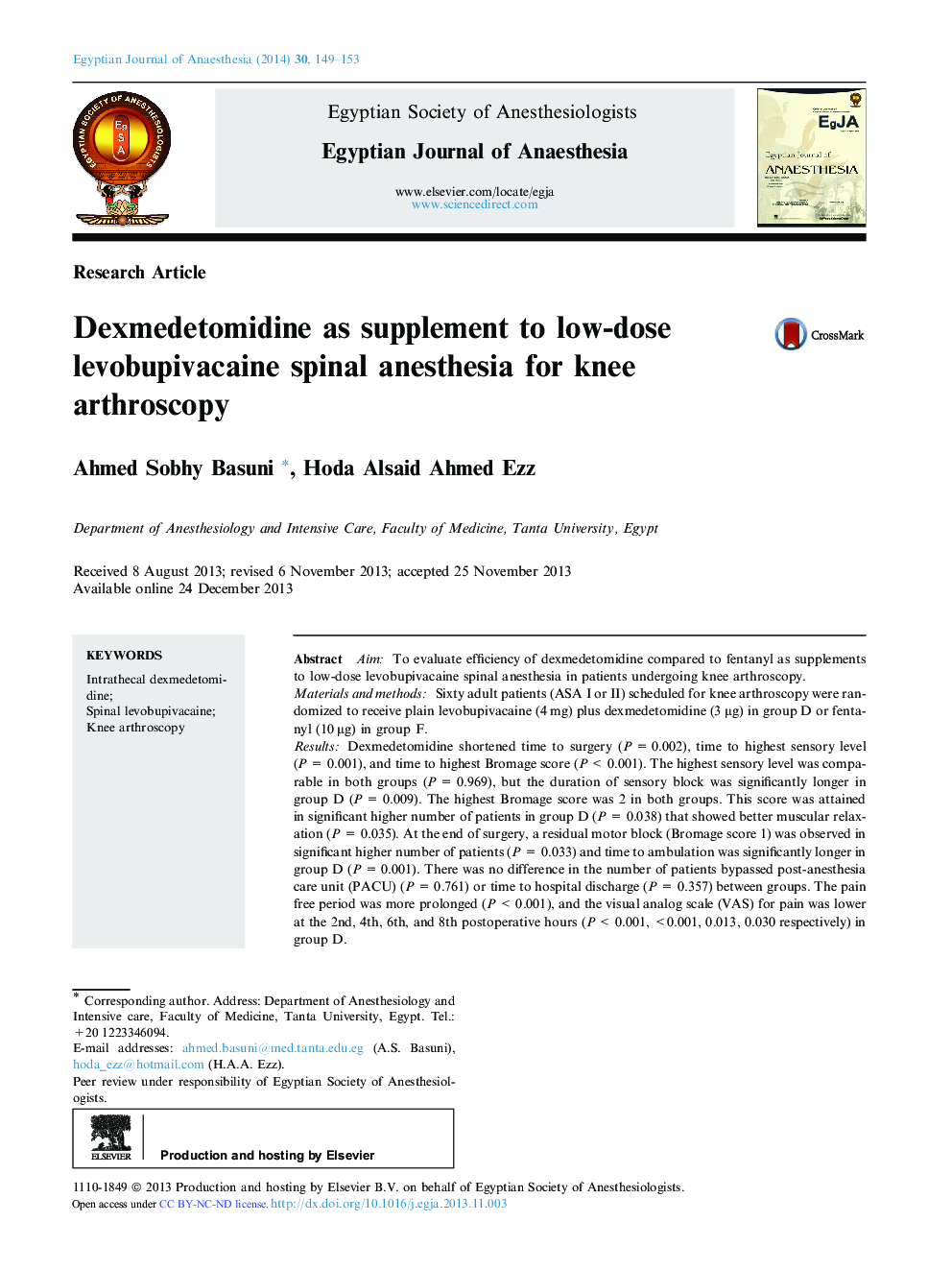 Dexmedetomidine as supplement to low-dose levobupivacaine spinal anesthesia for knee arthroscopy 