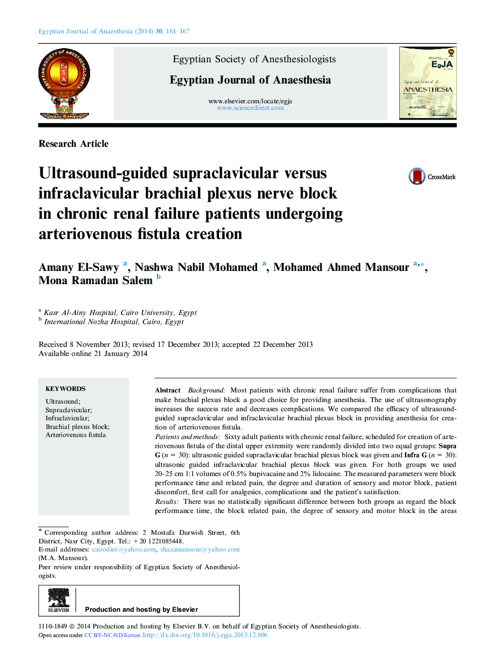 Ultrasound-guided supraclavicular versus infraclavicular brachial plexus nerve block in chronic renal failure patients undergoing arteriovenous fistula creation 