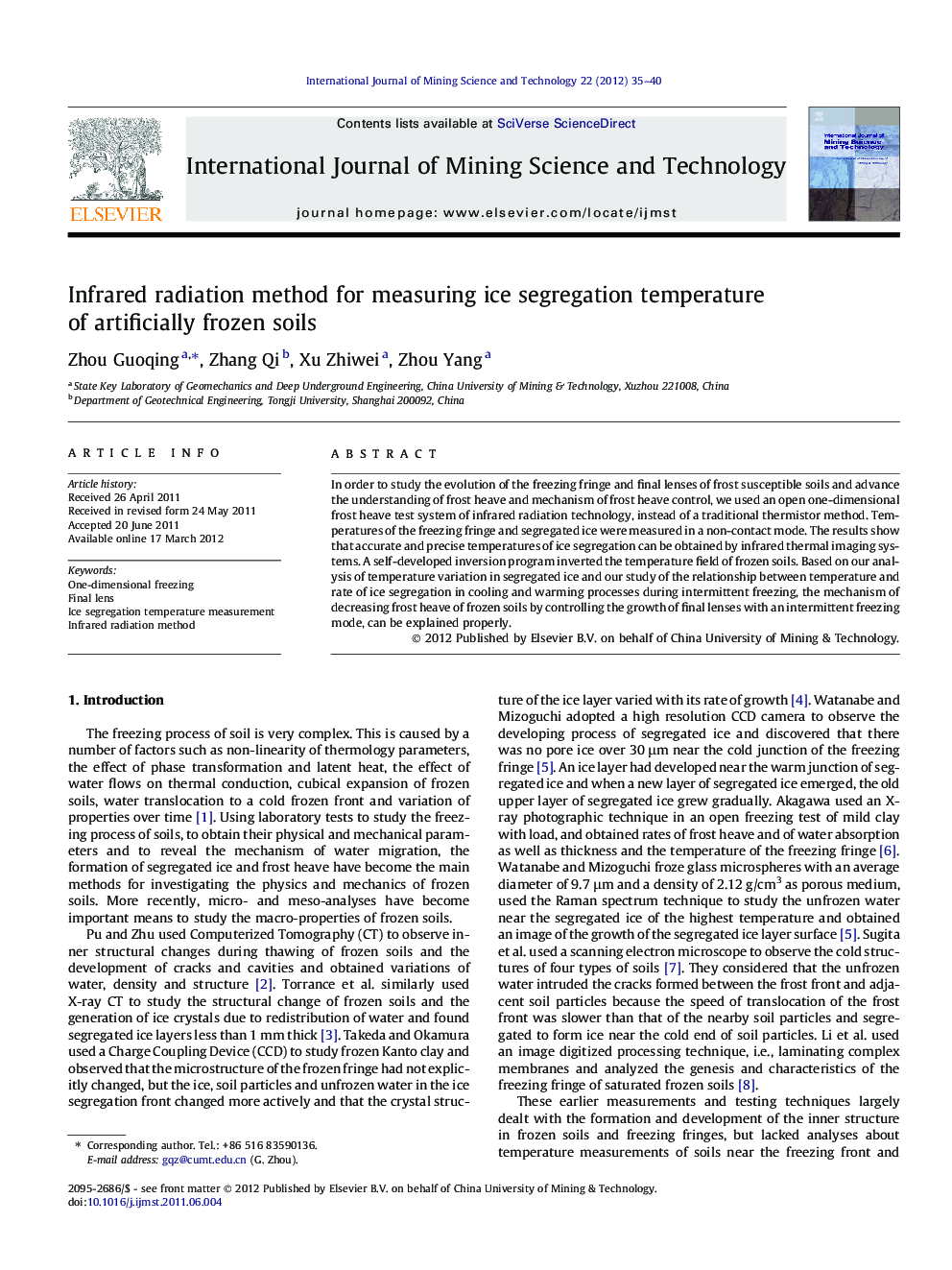عکس صفحه اول مقاله: Infrared radiation method for measuring ice segregation temperature of artificially frozen soils Infrared radiation method for measuring ice segregation temperature of artificially frozen soils