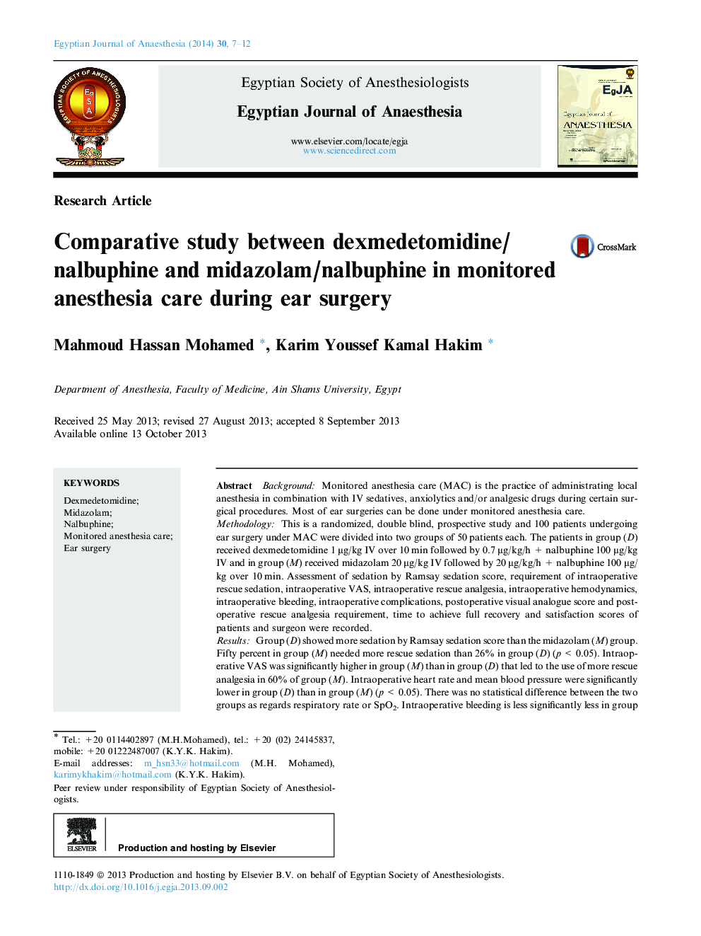 Comparative study between dexmedetomidine/nalbuphine and midazolam/nalbuphine in monitored anesthesia care during ear surgery 