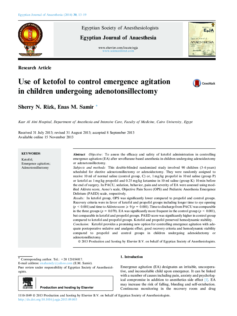 Use of ketofol to control emergence agitation in children undergoing adenotonsillectomy 