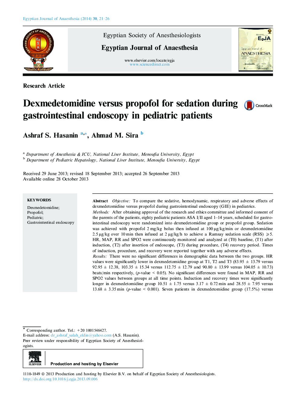 Dexmedetomidine versus propofol for sedation during gastrointestinal endoscopy in pediatric patients 