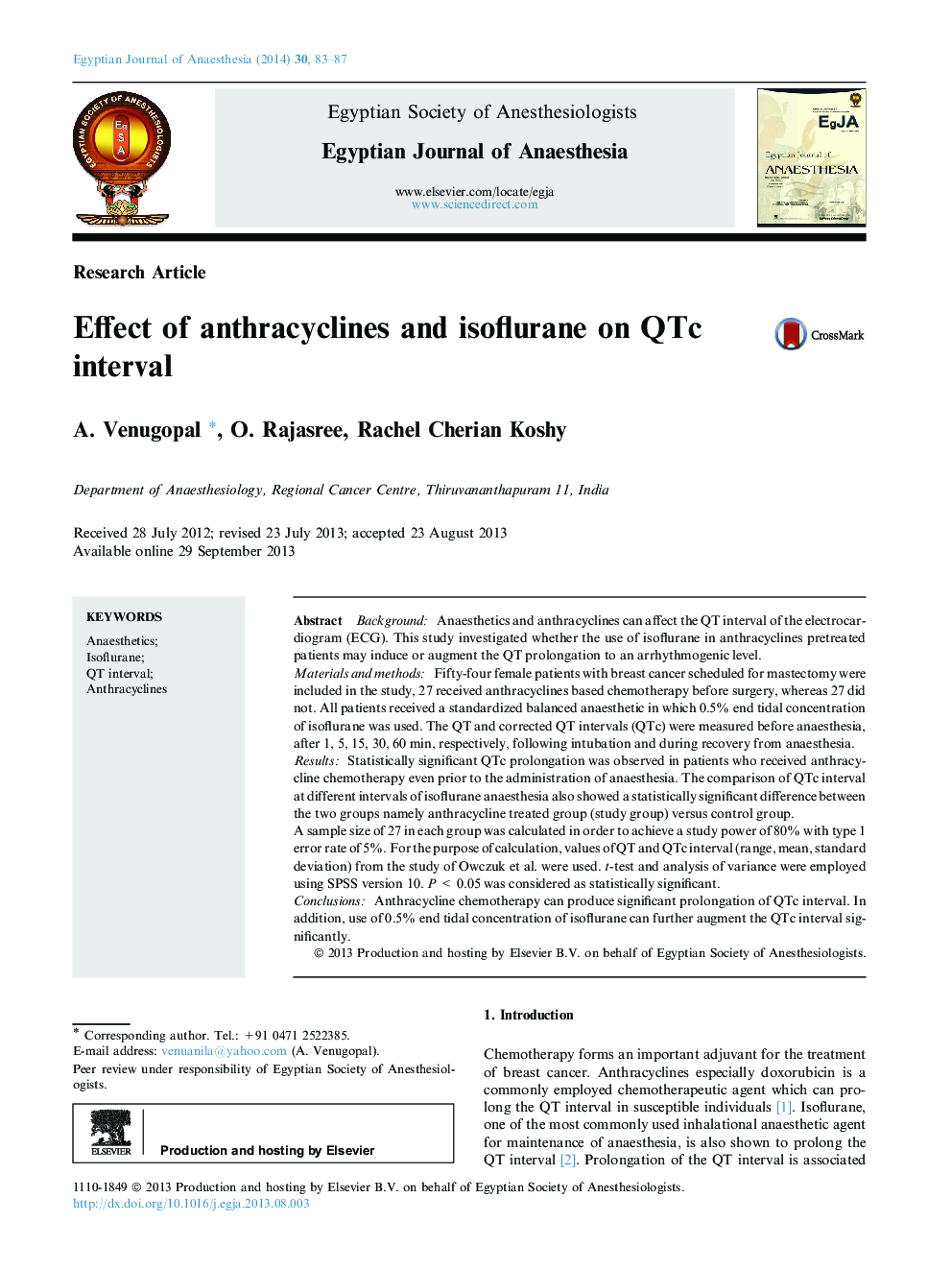 Effect of anthracyclines and isoflurane on QTc interval 