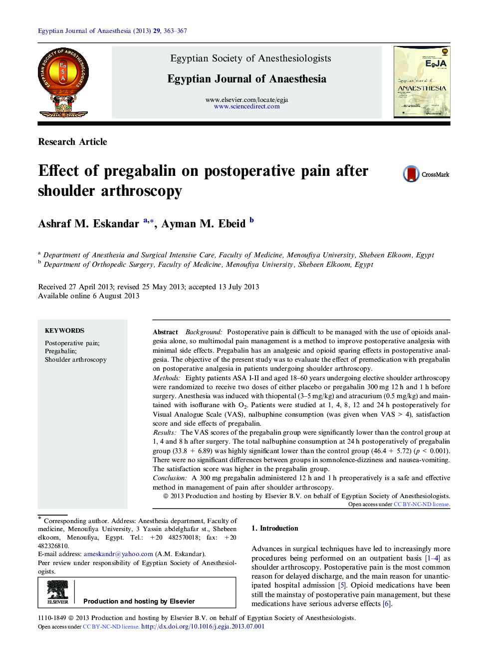 Effect of pregabalin on postoperative pain after shoulder arthroscopy 