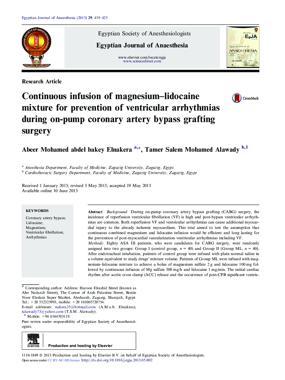 Continuous infusion of magnesium–lidocaine mixture for prevention of ventricular arrhythmias during on-pump coronary artery bypass grafting surgery 