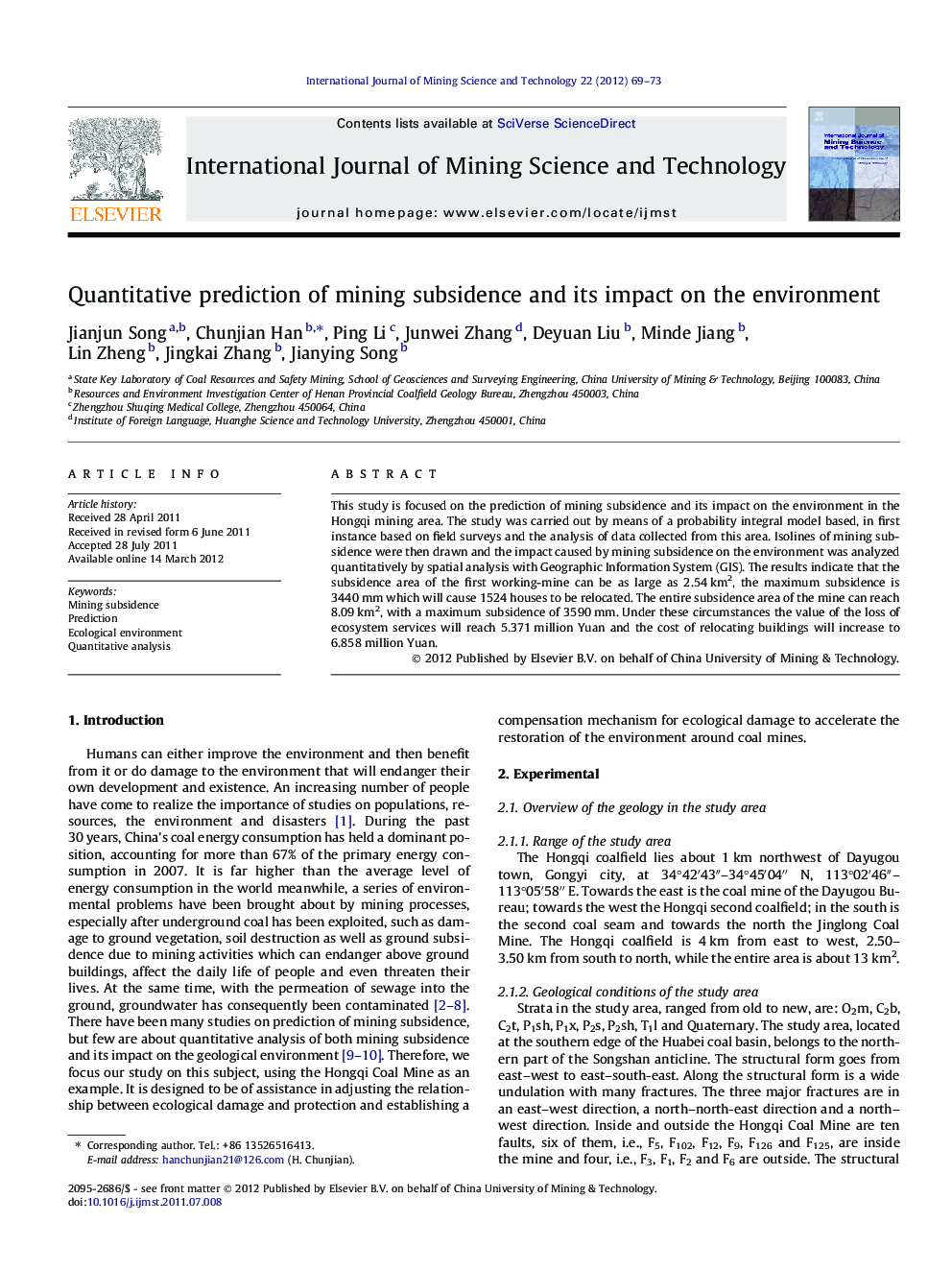 Quantitative prediction of mining subsidence and its impact on the environment