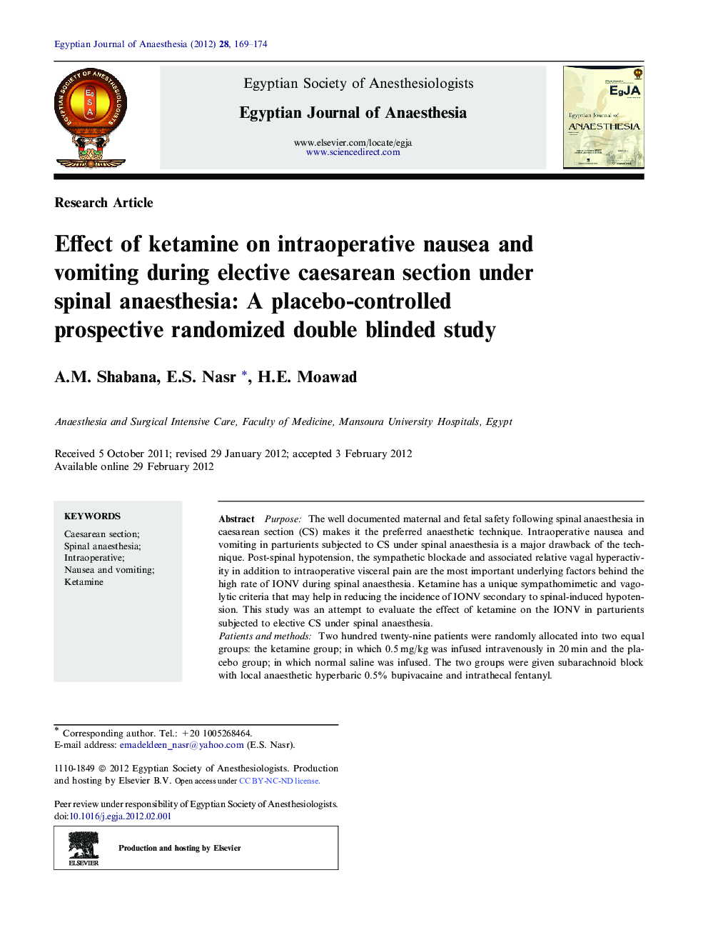 Effect of ketamine on intraoperative nausea and vomiting during elective caesarean section under spinal anaesthesia: A placebo-controlled prospective randomized double blinded study 